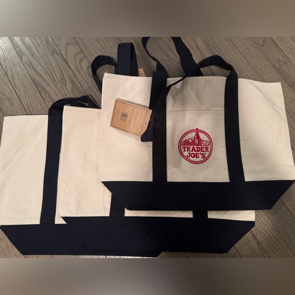 3 Large Trader Joe's Canvas Tote Bag Navy - Picture 2 of 3